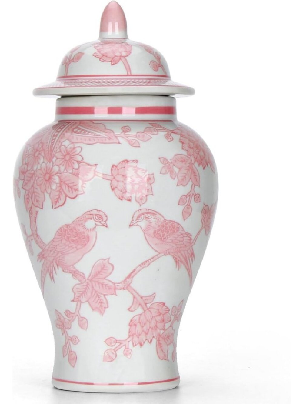 11” Pink Porcelain Ginger Jar with Lid - Floral Songbirds Design, Temple Decor